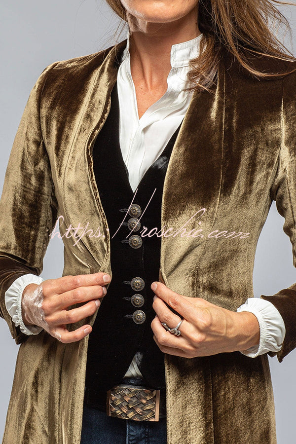 Women's Velvet Long Coat with Pockets and Slit Hem
