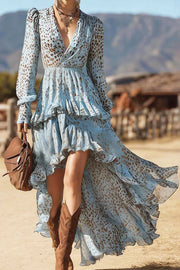 Printed V-Neck Long Sleeve Irregular Ruffle Maxi Dress