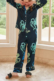 Black Octopus Print Long Sleeve Two-Piece Lounge Set