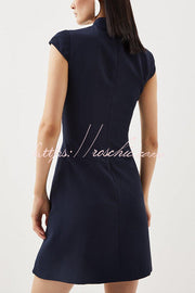 Military-Inspired Cap Sleeve High Neck Mini Dress