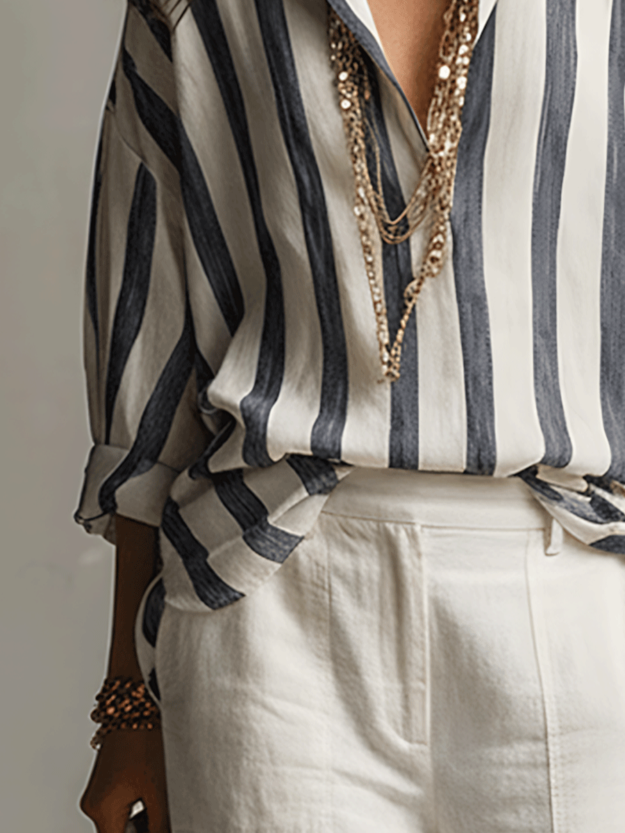 Striped Cotton Linen Long Sleeve Blouse