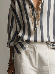 Striped Cotton Linen Long Sleeve Blouse