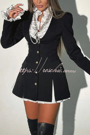 Ruffled Patchwork Blazer Mini Dress – Long Sleeve Shirt Collar