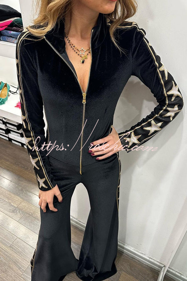 Star-Print Velvet Wide-Leg Jumpsuit with Zip Front