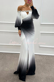 Gradient Print Off-Shoulder Gem Detail Maxi Gown Dress