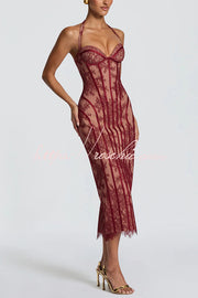 Floral Lace Halter Midi Dress with Lace-Up Open Back
