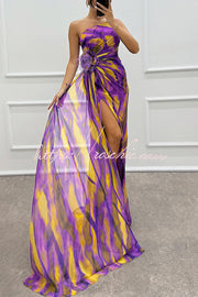 Watercolor Feather Print Off-Shoulder Chiffon Maxi Dress