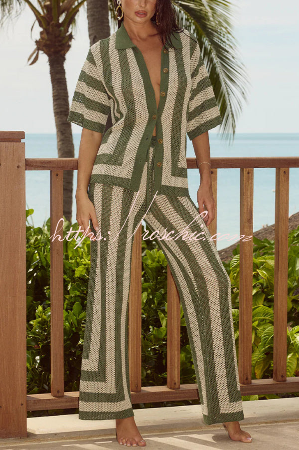 Knit Collared Short-Sleeve Top & Elastic Waist Pants Set