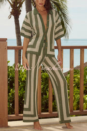 Knit Collared Short-Sleeve Top & Elastic Waist Pants Set