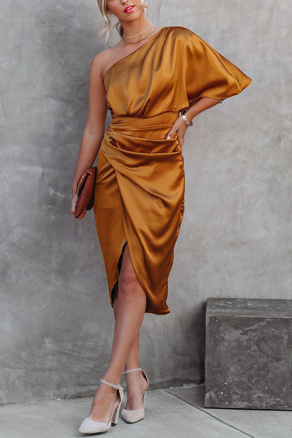 One Shoulder Satin Midi Dress for Parties