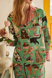 Coffee Cat Print Long Sleeve Two-Piece Lounge Set