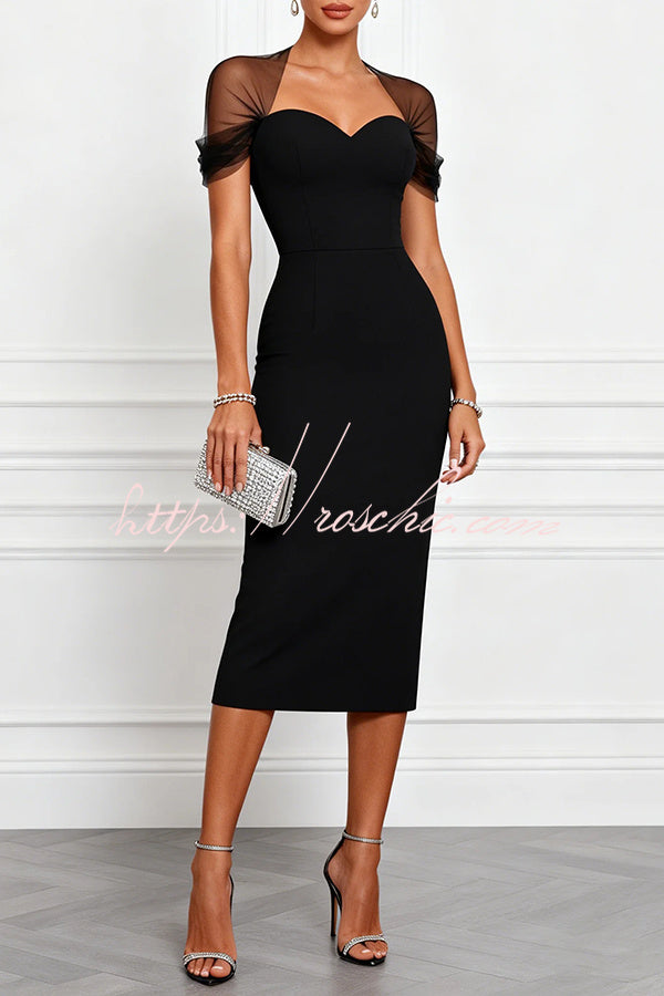 Mesh Sleeve Patchwork Sweetheart Neck Stretch Midi Dress