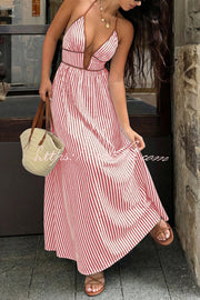Striped V-Neck Sleeveless Backless Maxi Dress – Vacation