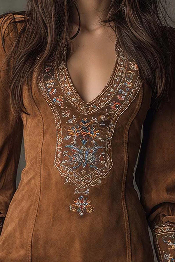Suede Embroidered V-Neck Mini Dress | Long Sleeve Slim Fit