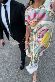 Satin Baroque Print Maxi Dress with Feather Trim