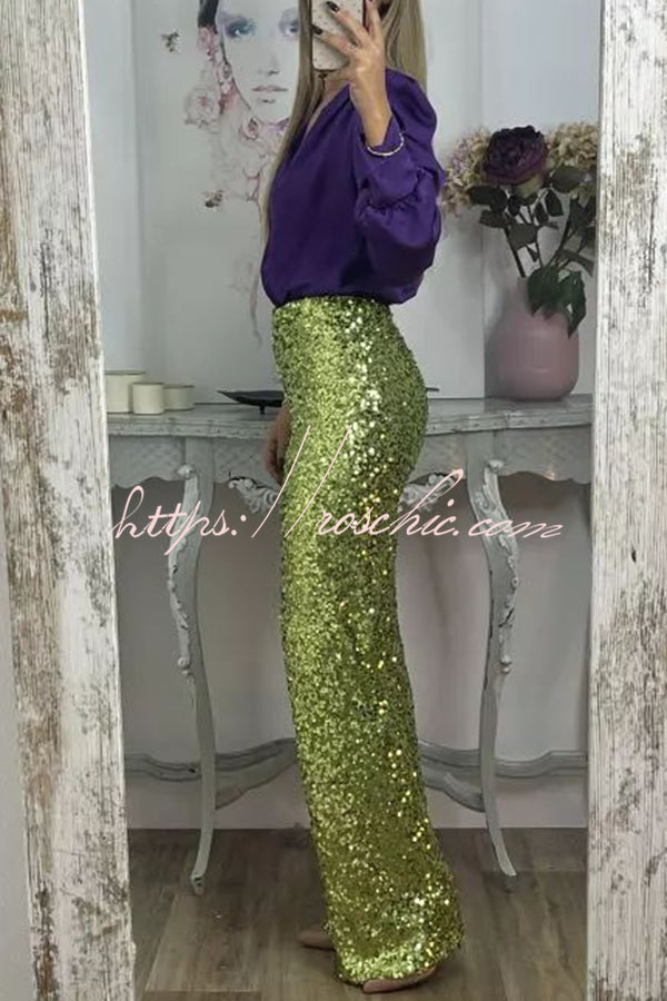 Sequin Wide Leg Pants High Rise Elastic Waist Party