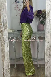 Sequin Wide Leg Pants High Rise Elastic Waist Party