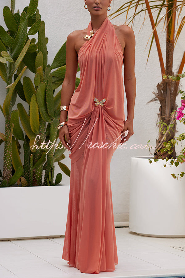 One Shoulder Mesh Maxi Dress with Butterfly Metal Clips