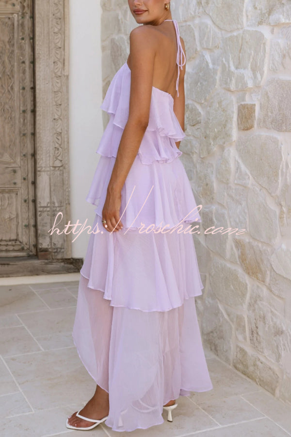 Chiffon Halter Neck Ruffle Maxi Dress – Loose Fit