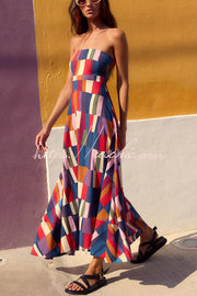 Linen Blend Color Block Strapless Midi Dress