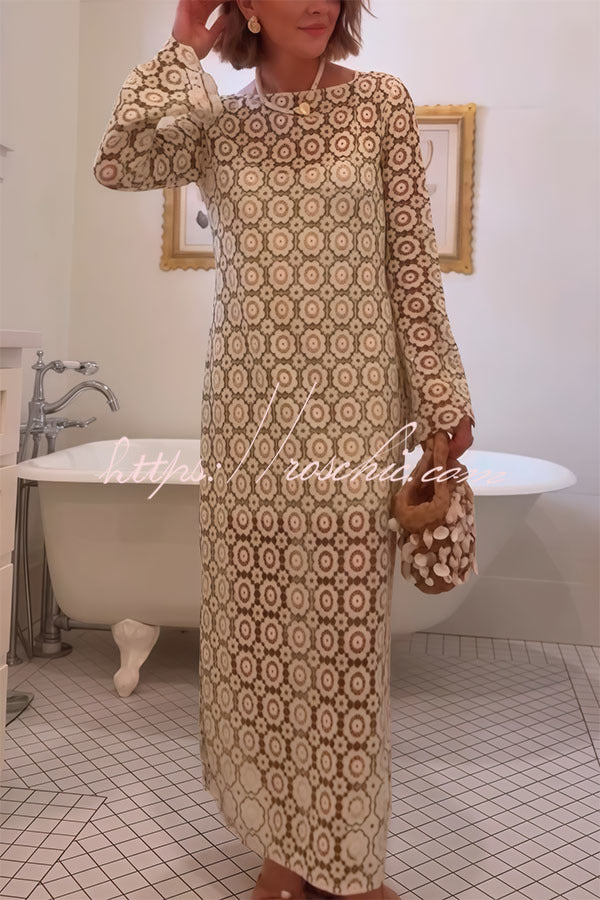 Floral Crochet Long Sleeve Midi Dress with Slit