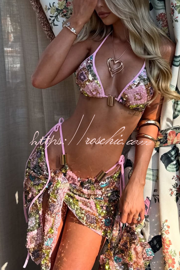 Sequin Halter Bikini Set with Beach Cover-Up Mini Skirt