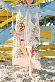 Marine Print Patchwork Maxi Shirt Coat with Pockets