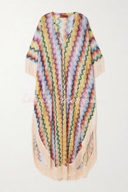 Robe longue caftan colorée à franges en zigzag – Taille unique