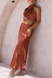 Satin High Neck Maxi Skirt Set – Sleeveless Drape Two-Piece