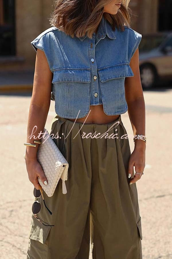 Denim Cape Sleeve Crop Top with Chest Pocket | Loose Fit
