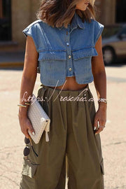 Denim Cape Sleeve Crop Top with Chest Pocket | Loose Fit