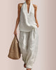 Halter V-Neck Top & Wide-Leg Trousers Set