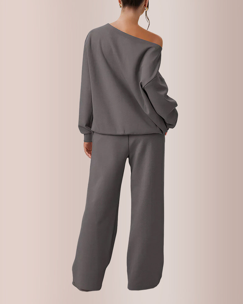 Sloping Shoulder Top & Wide-Leg Co-ord Set