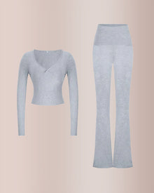 Duniii V-Neck Long Sleeve Crop Top & Flare Pants Set