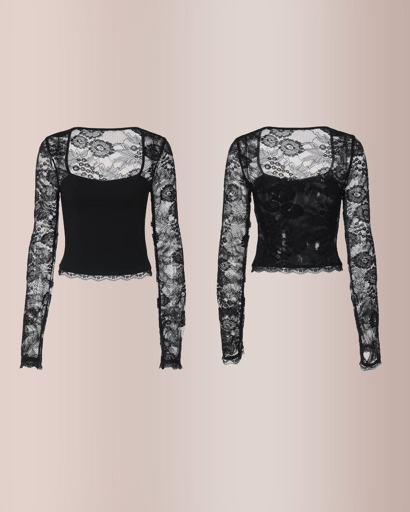 Sheer Lace Floral Long Sleeve Top