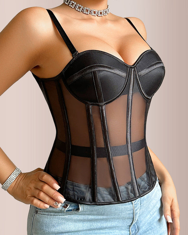 French Vintage Sheer Mesh Boned Corset Bustier Top