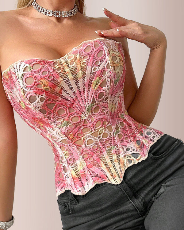 Vintage Print Lace Corset Top Sheer Mesh Bustier
