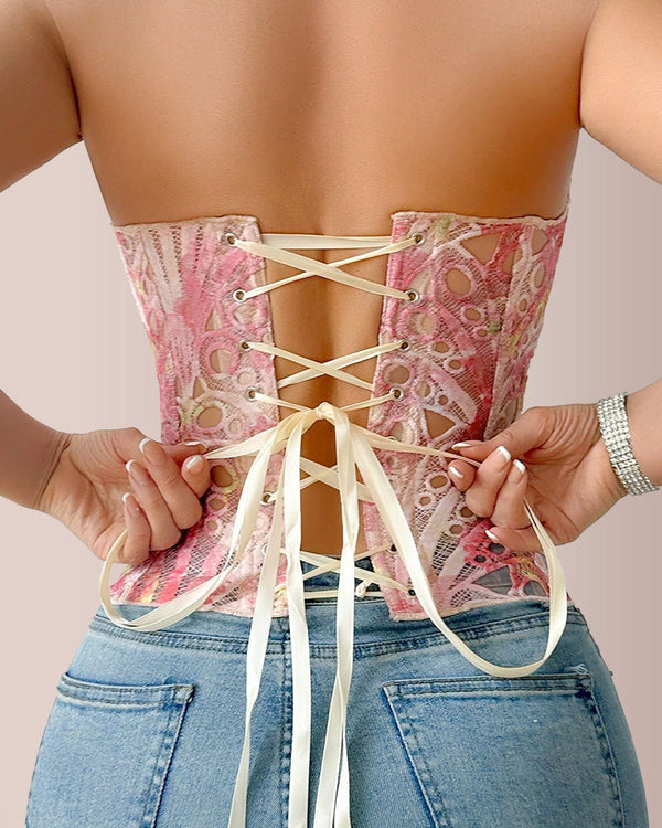 Vintage Print Lace Corset Top Sheer Mesh Bustier