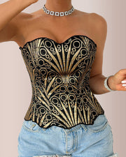 Retro Western Sequin Corset Irregular Double-Layer Bodice