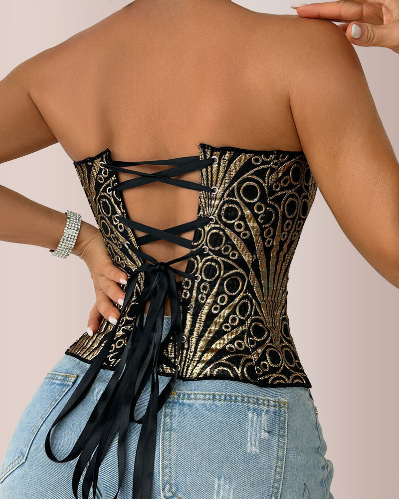 Retro Western Sequin Corset Irregular Double-Layer Bodice