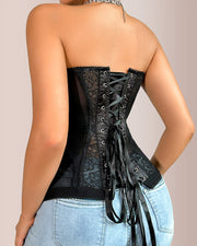 Black Floral Lace Strapless Corset Bustier Top