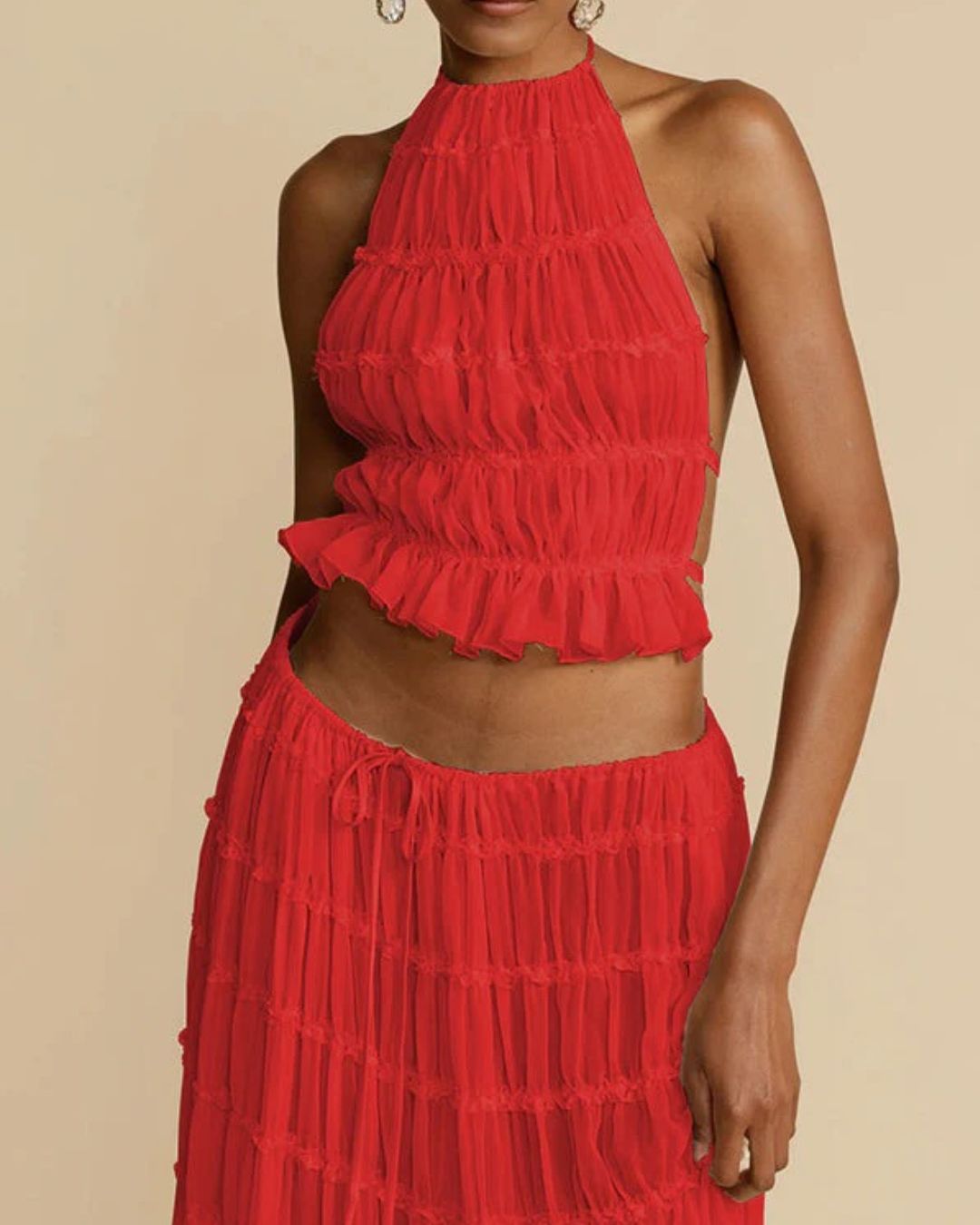 Ruched Lace Halter Tank Top – Justerbart slips, løs pasform