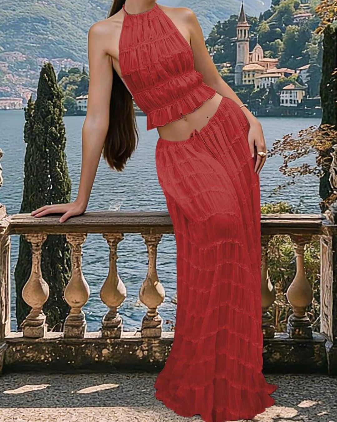 Curvvvy™ Passion and Romance Pleated Back Elastic Straps Adjustable Halter Tank Set