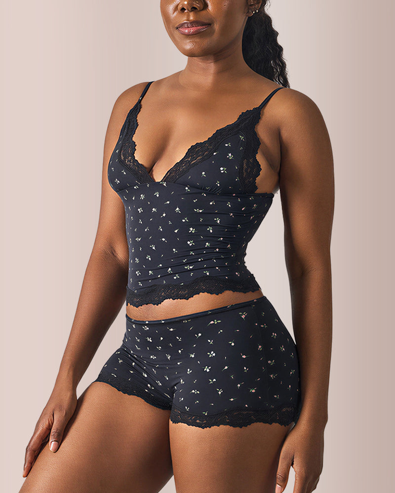 Duniii Lace Trim Crop Cami & Shorts Set
