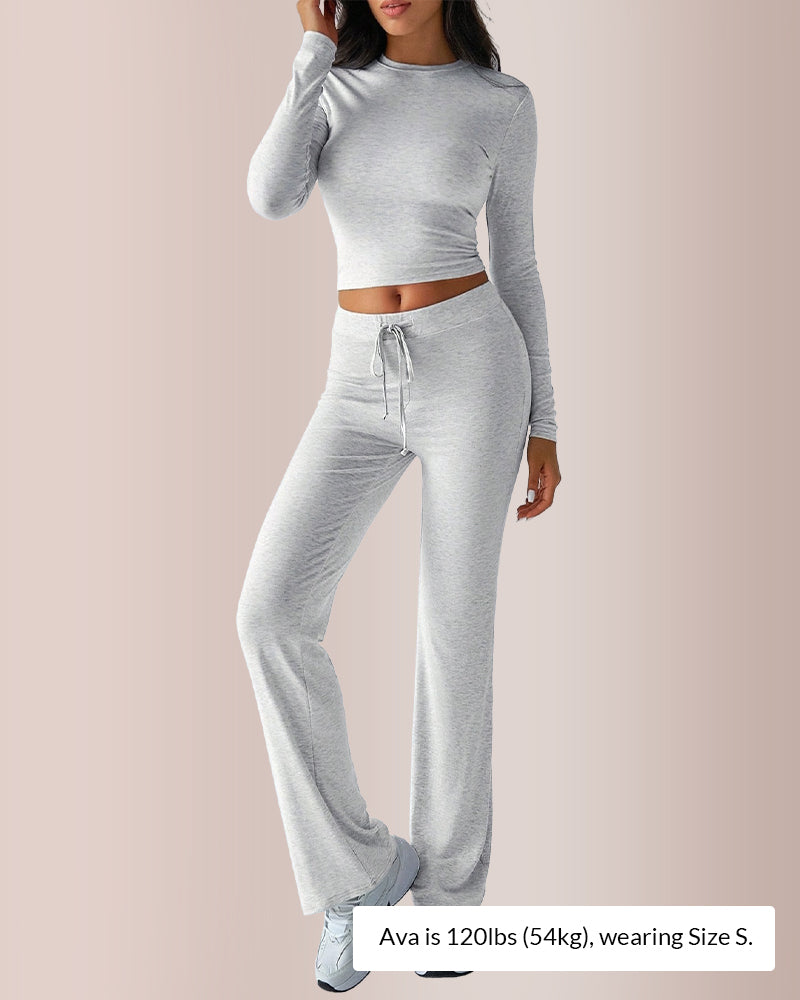 Solid Long Sleeve Crop Top & Drawstring Pants Set