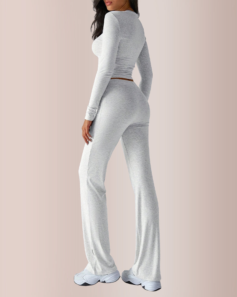 Solid Long Sleeve Crop Top & Drawstring Pants Set