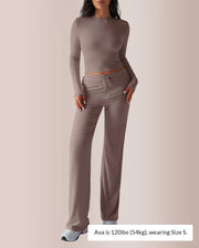 Solid Long Sleeve Crop Top & Drawstring Pants Set