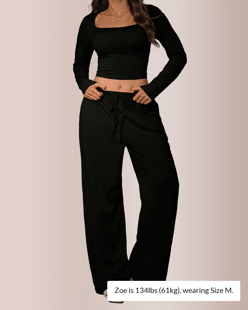 Square Neck Crop Top & Wide Leg Pants Set