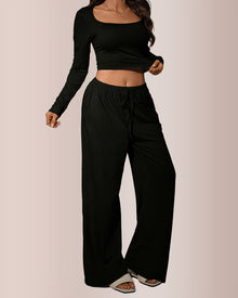 Duniii Square Neck Crop Top & Wide-Leg Pants Set