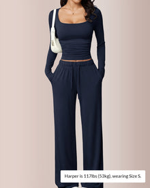 Duniii Square Neck Crop Top & Wide-Leg Pants Set